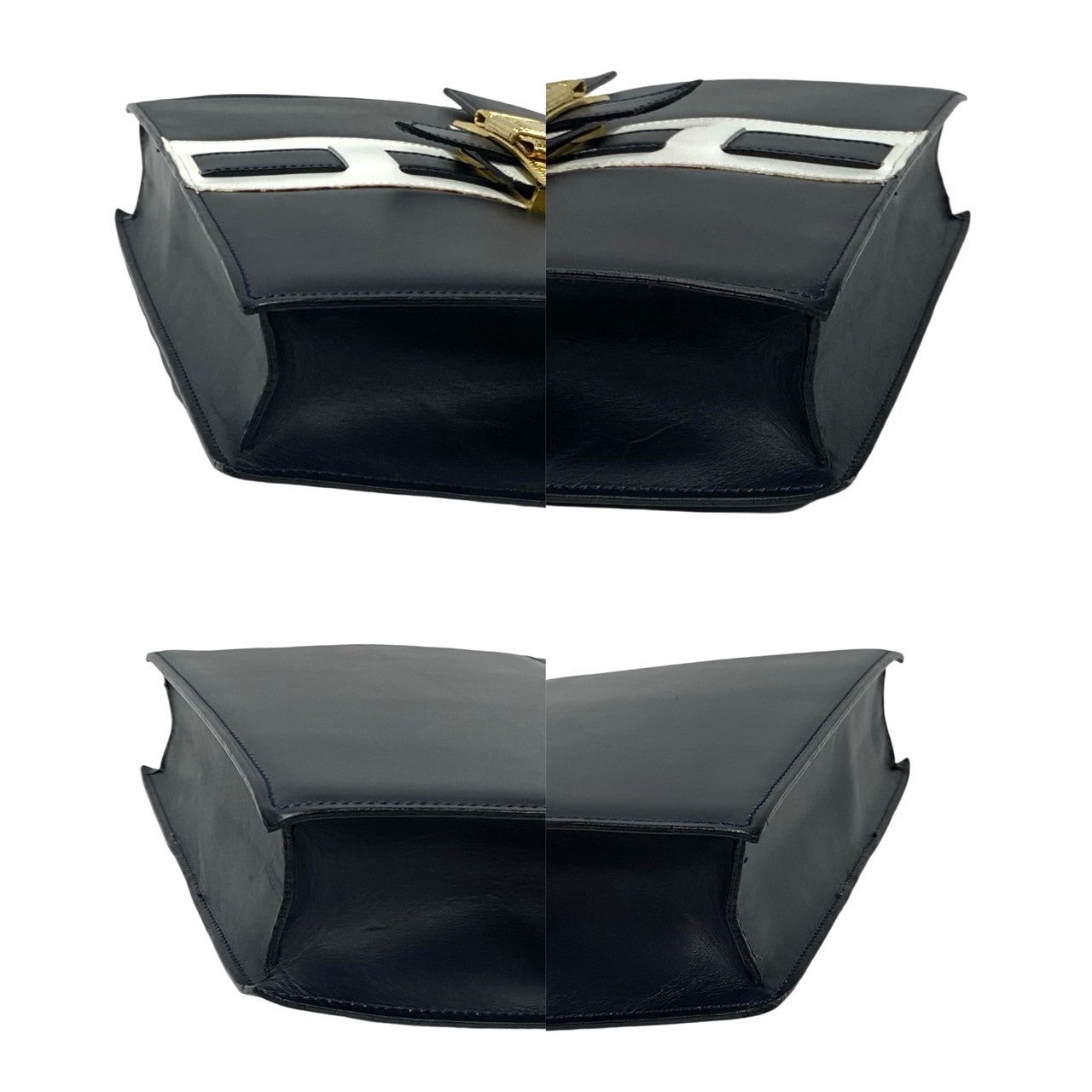 Celine Handbag Leather Navy Logo Ribbon Metal Women
