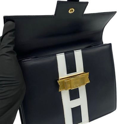 Celine Handbag Leather Navy Logo Ribbon Metal Women