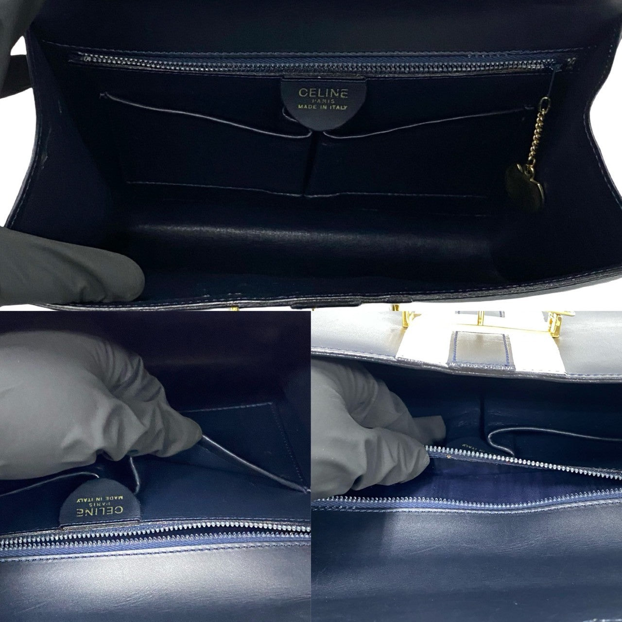 Celine Handbag Leather Navy Logo Ribbon Metal Women