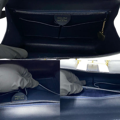 Celine Handbag Leather Navy Logo Ribbon Metal Women