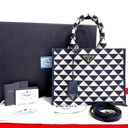 Prada Handbag Canvas, Leather Navy Triangle Logo Metal Symbol Embroidery Fabric Small Women