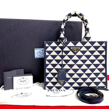 Prada Handbag Canvas, Leather Navy Triangle Logo Metal Symbol Embroidery Fabric Small Women