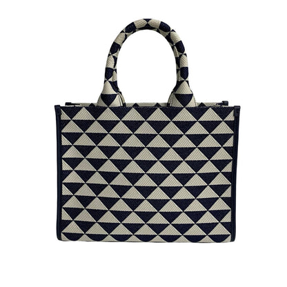 Prada Handbag Canvas, Leather Navy Triangle Logo Metal Symbol Embroidery Fabric Small Women