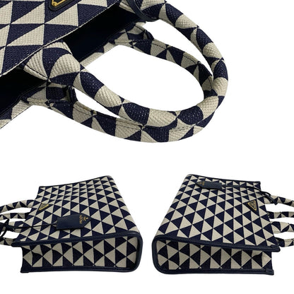 Prada Handbag Canvas, Leather Navy Triangle Logo Metal Symbol Embroidery Fabric Small Women