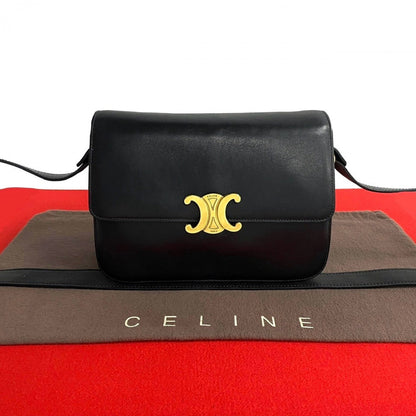 Celine Shoulder Bag Leather Black Triomphe Logo Metal Women