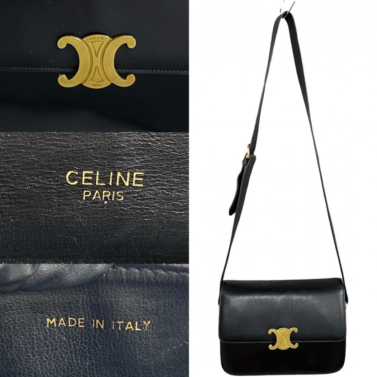 Celine Shoulder Bag Leather Black Triomphe Logo Metal Women