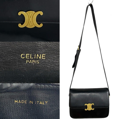 Celine Shoulder Bag Leather Black Triomphe Logo Metal Women