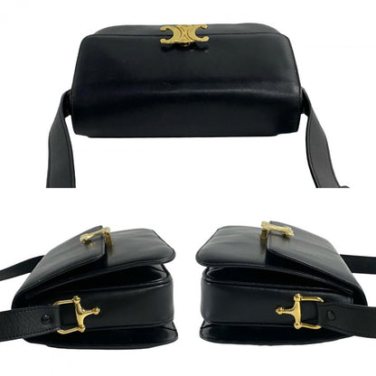 Celine Shoulder Bag Leather Black Triomphe Logo Metal Women