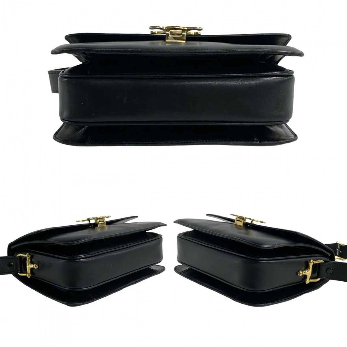 Celine Shoulder Bag Leather Black Triomphe Logo Metal Women