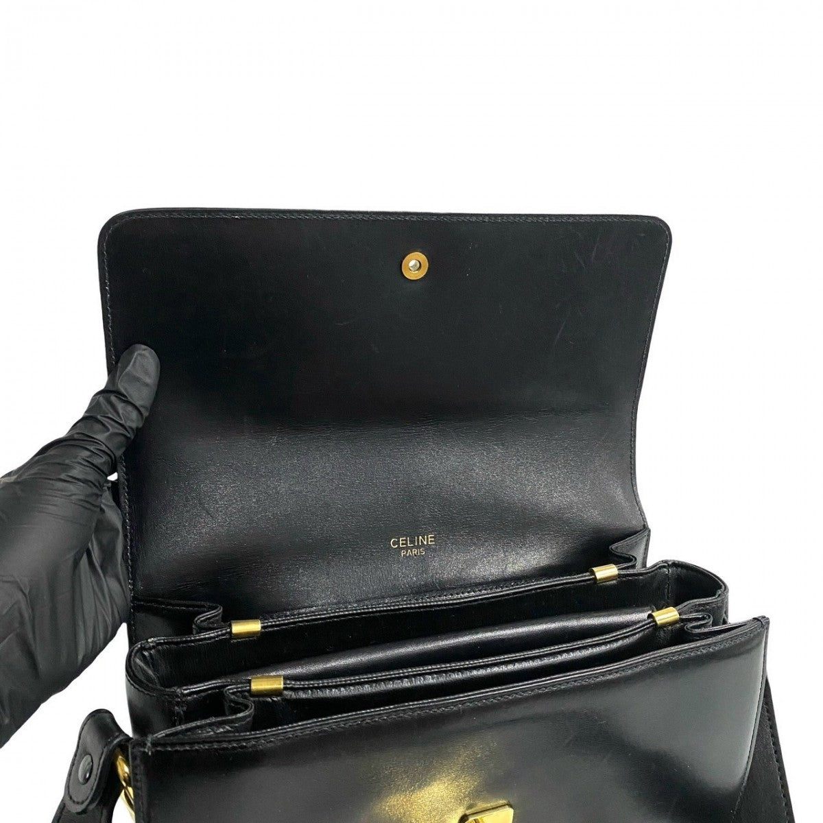 Celine Shoulder Bag Leather Black Triomphe Logo Metal Women