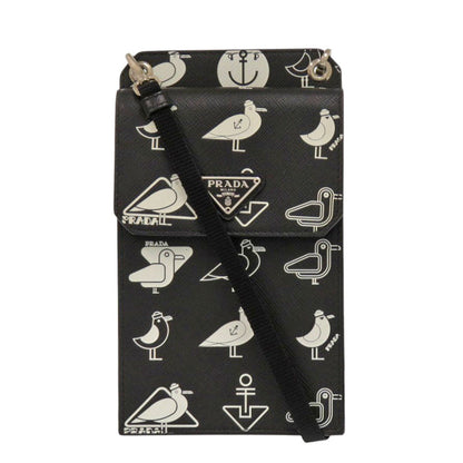 Prada Shoulder Bag 2Zh068 Safiano Leather Black Smartphone Shoulder Marine Pattern Seagull Iphone