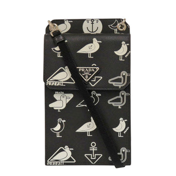 Prada Shoulder Bag 2Zh068 Safiano Leather Black Smartphone Shoulder Marine Pattern Seagull Iphone