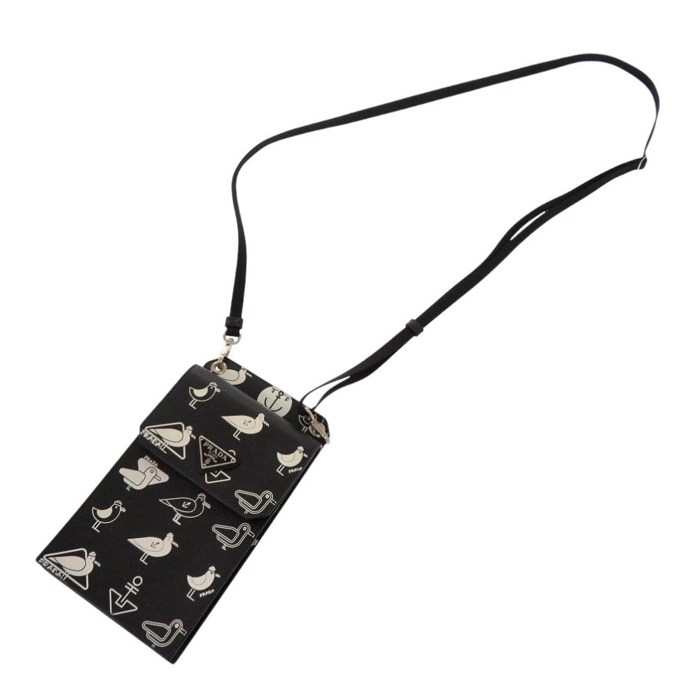 Prada Shoulder Bag 2Zh068 Safiano Leather Black Smartphone Shoulder Marine Pattern Seagull Iphone