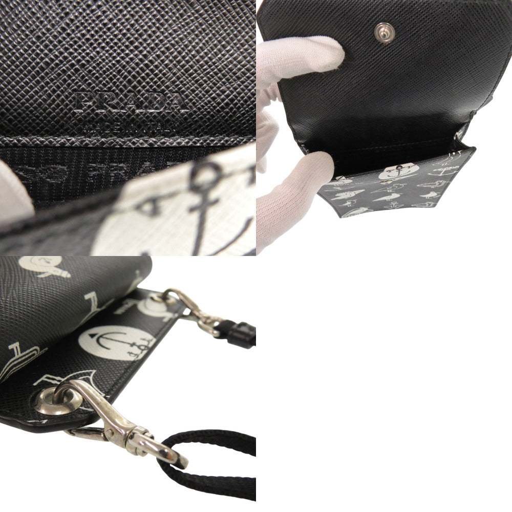 Prada Shoulder Bag 2Zh068 Safiano Leather Black Smartphone Shoulder Marine Pattern Seagull Iphone