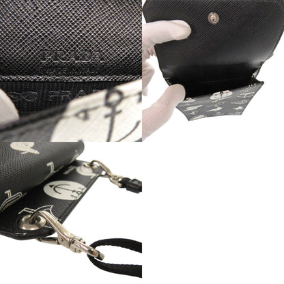 Prada Shoulder Bag 2Zh068 Safiano Leather Black Smartphone Shoulder Marine Pattern Seagull Iphone