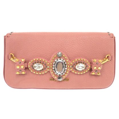 Miumiu Clutch Bag Leather, Stone Pink Ribbon, Beads, Studs Women