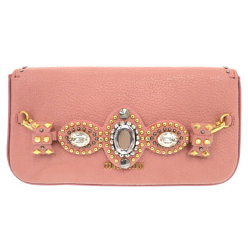 Miumiu Clutch Bag Leather, Stone Pink Ribbon, Beads, Studs Women