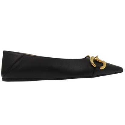Gucci Pumps 621161 Leather Black Chain Pointed Toe Flats Horsebit Women 34 1/2