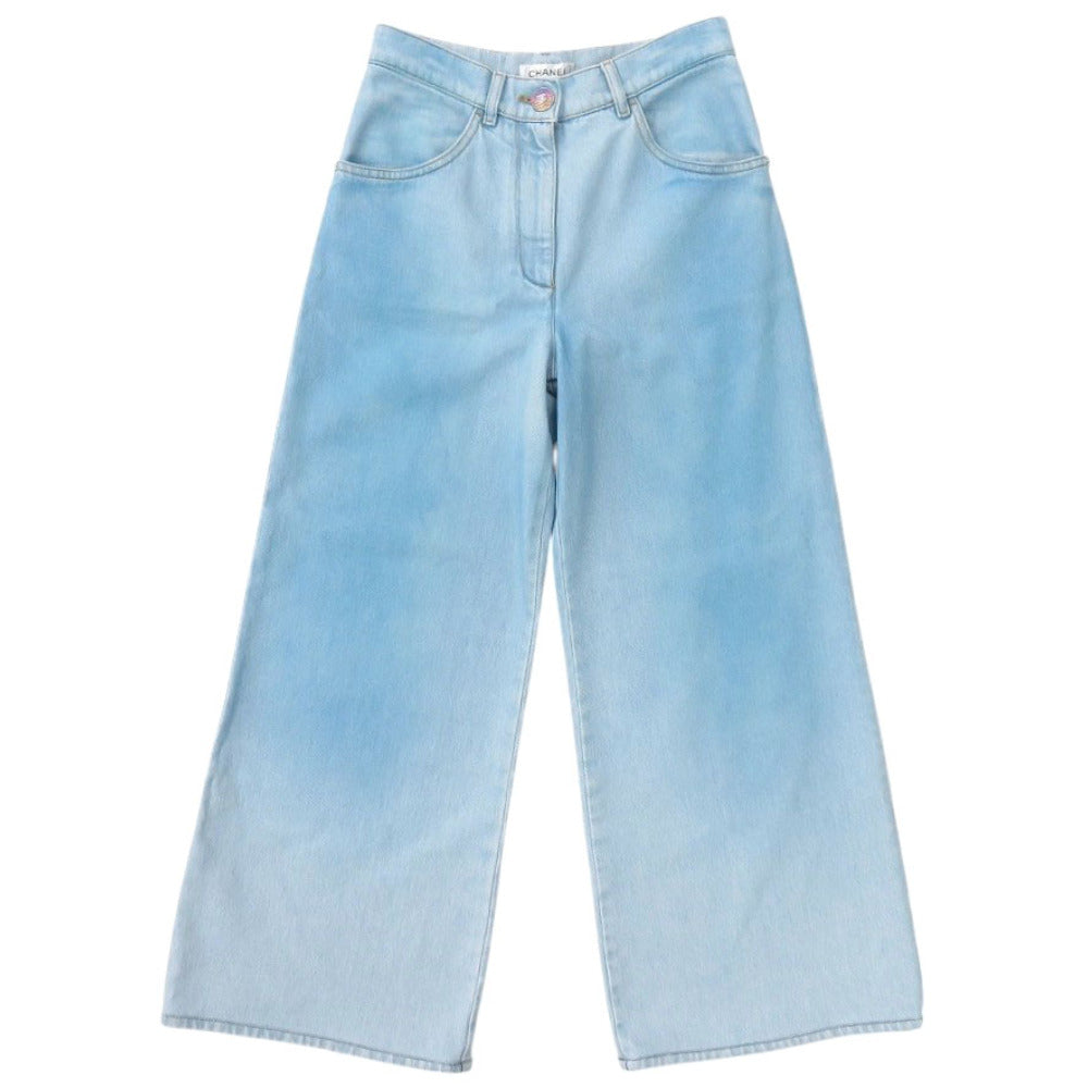 Chanel Denim Pants P76361 Cotton Blue Wide Denim Coco Button Gradation Women 34