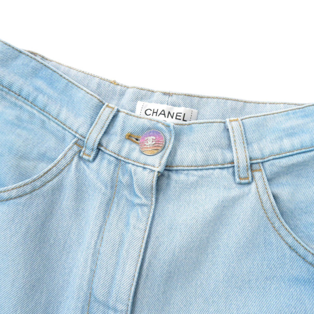 Chanel Denim Pants P76361 Cotton Blue Wide Denim Coco Button Gradation Women 34