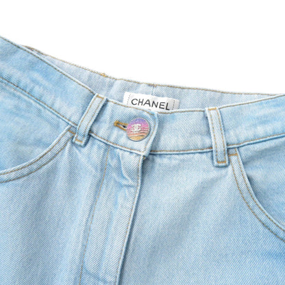 Chanel Denim Pants P76361 Cotton Blue Wide Denim Coco Button Gradation Women 34