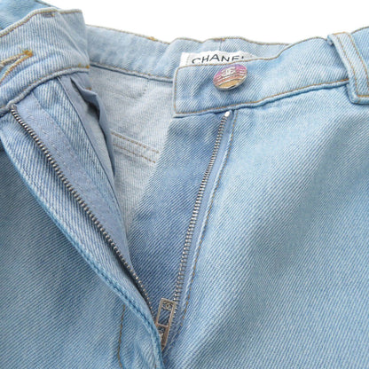 Chanel Denim Pants P76361 Cotton Blue Wide Denim Coco Button Gradation Women 34