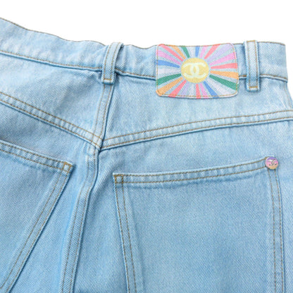 Chanel Denim Pants P76361 Cotton Blue Wide Denim Coco Button Gradation Women 34