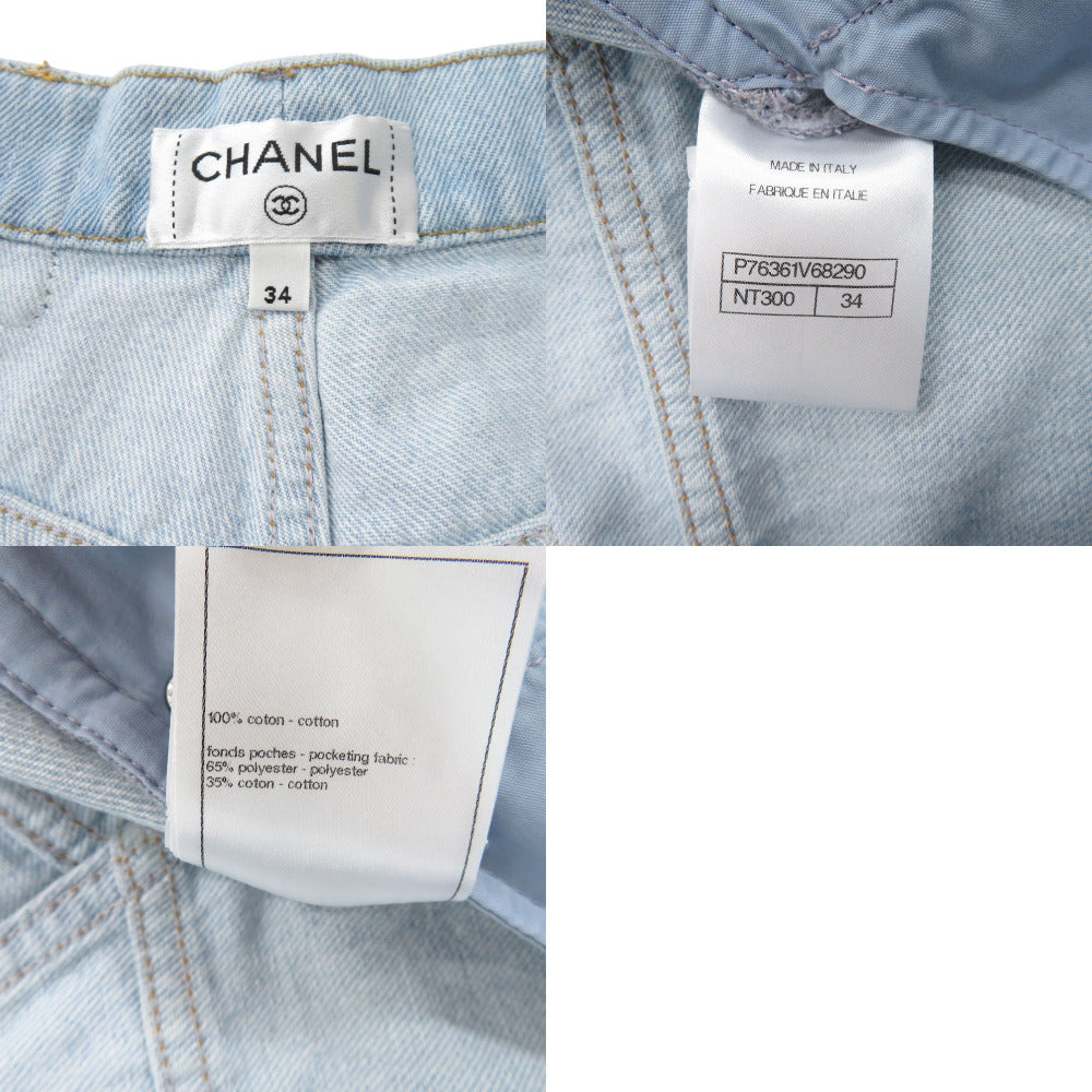 Chanel Denim Pants P76361 Cotton Blue Wide Denim Coco Button Gradation Women 34