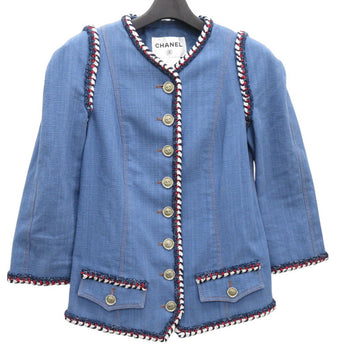 Chanel Denim Jacket Cotton Blue Collarless Jacket Coco Mark Women 34