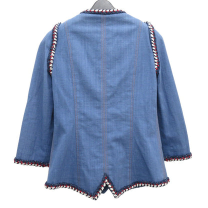 Chanel Denim Jacket Cotton Blue Collarless Jacket Coco Mark Women 34