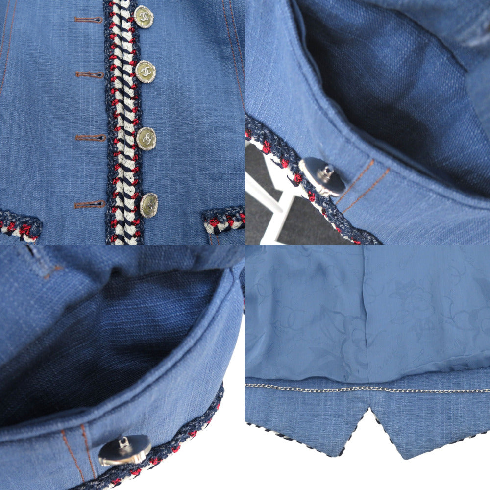 Chanel Denim Jacket Cotton Blue Collarless Jacket Coco Mark Women 34