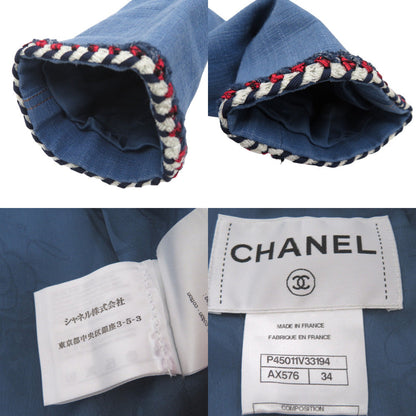 Chanel Denim Jacket Cotton Blue Collarless Jacket Coco Mark Women 34