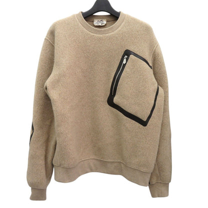 Hermes Knit Wool Beige Crewneck Round Neck Sweater Pocket Piping Pullover Knit Pullover Crewneck