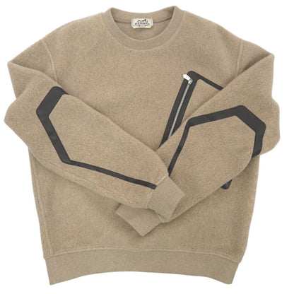 Hermes Knit Wool Beige Crewneck Round Neck Sweater Pocket Piping Pullover Knit Pullover Crewneck