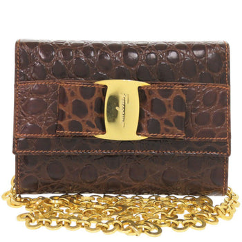 Salvatore Ferragamo Shoulder Bag Aq213202 Embossed Leather Brown Vara Ribbon