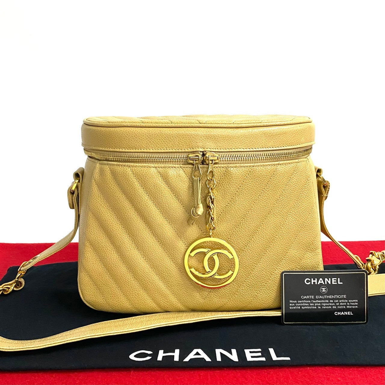 Chanel Shoulder Bag Matt Caviar Skin Beige Coco Mark Vstitch Women