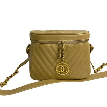 Chanel Shoulder Bag Matt Caviar Skin Beige Coco Mark Vstitch Women