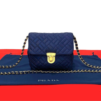 Prada Shoulder Bag Nylon Navy Prada Logo Metal Women