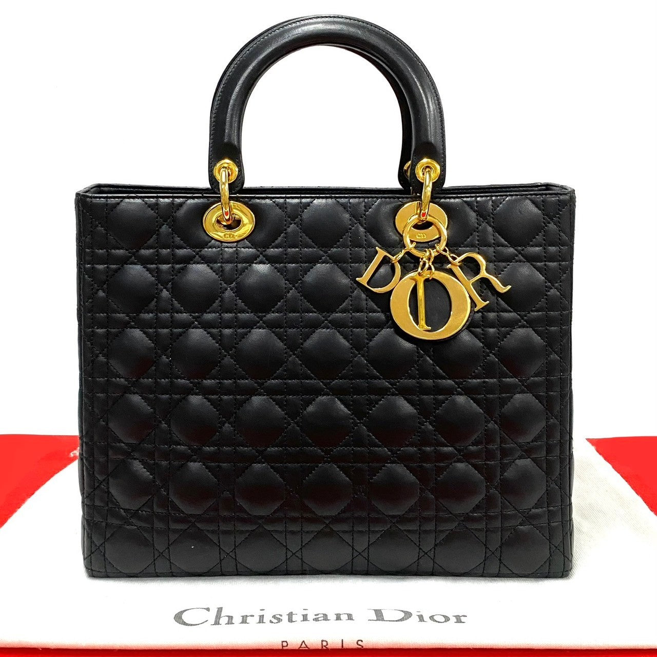 Dior Handbag Leather Black Cannage Stitch Lady Dior Women