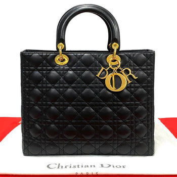 Dior Handbag Leather Black Cannage Stitch Lady Dior Women