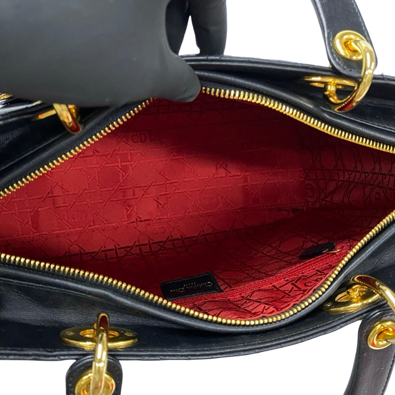 Dior Handbag Leather Black Cannage Stitch Lady Dior Women