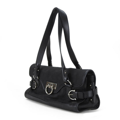 Salvatore Ferragamo Handbag Ex-21 4913 Canvas, Leather Black Gancini Women