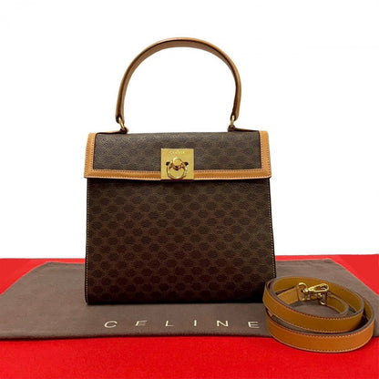 Celine Shoulder Bag Leather, Pvc Brown Macadam Blason Pattern Logo Ring Metal Women