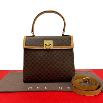 Celine Shoulder Bag Leather, Pvc Brown Macadam Blason Pattern Logo Ring Metal Women