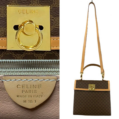 Celine Shoulder Bag Leather, Pvc Brown Macadam Blason Pattern Logo Ring Metal Women