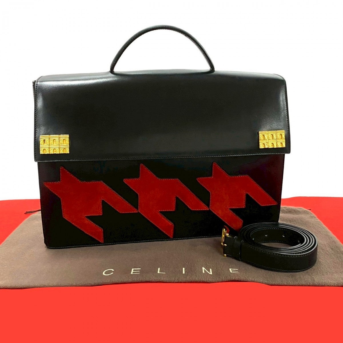 Celine Shoulder Bag Calfskin, Leather Black Arc De Triomphe Motif Houndstooth Mens