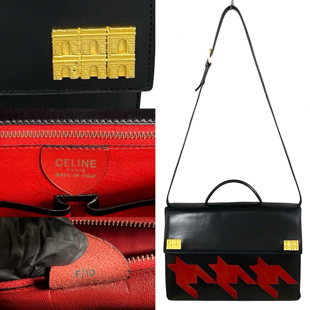 Celine Shoulder Bag Calfskin, Leather Black Arc De Triomphe Motif Houndstooth Mens
