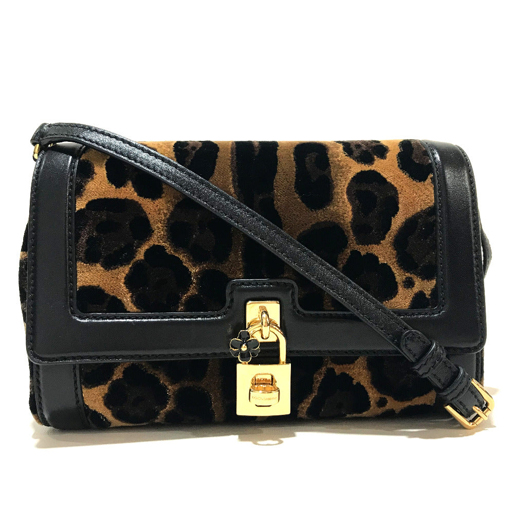 Dolce&Gabbana Shoulder Bag Velvet / Leather Black X Brown Leopard Print Leopard Flower Rock Metal