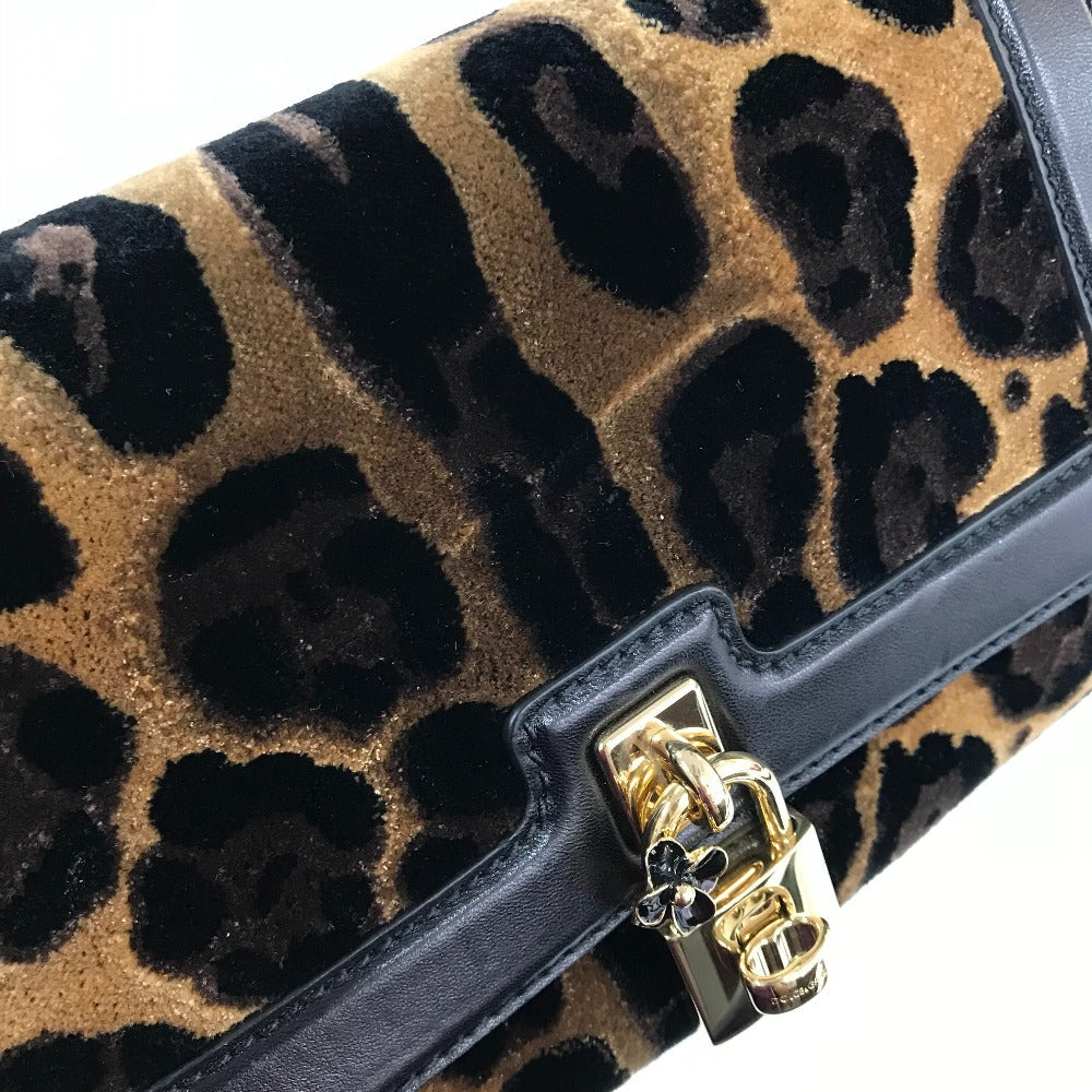 Dolce&Gabbana Shoulder Bag Velvet / Leather Black X Brown Leopard Print Leopard Flower Rock Metal