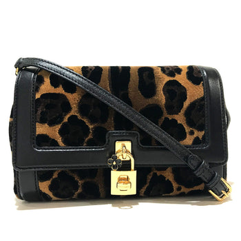 Dolce&Gabbana Shoulder Bag Velvet / Leather Black X Brown Leopard Print Leopard Flower Rock Metal